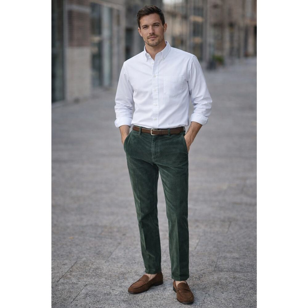 Brooks Brothers Green Corduroy Pleated Pants Button Zip Pockets Straight Leg 38